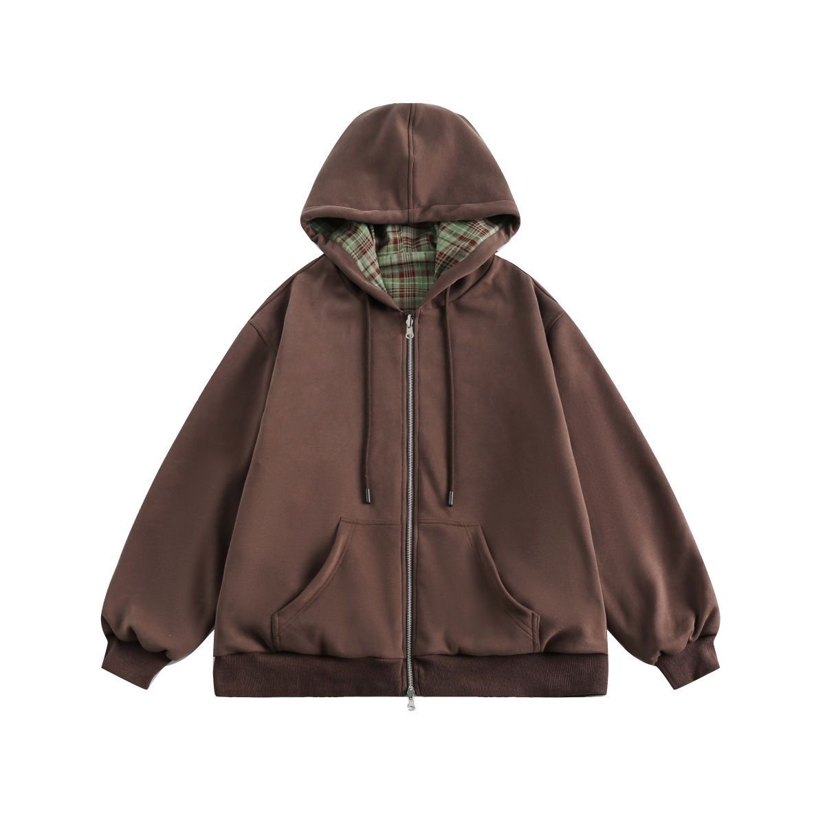 Vintage Zip Hoodie - เสื้อสเวตเตอร์มีฮู้ดลายตารางสีน้ำตาลสไตล์อเมริกันเรโทรสำหรับผู้หญิง แจ็คเก็ตคาร์ดิแกนลำลองแบบใหม่สำหรับฤดูใบไม้ร่วง แขนยาว ทรงหลวม ทันสมัย