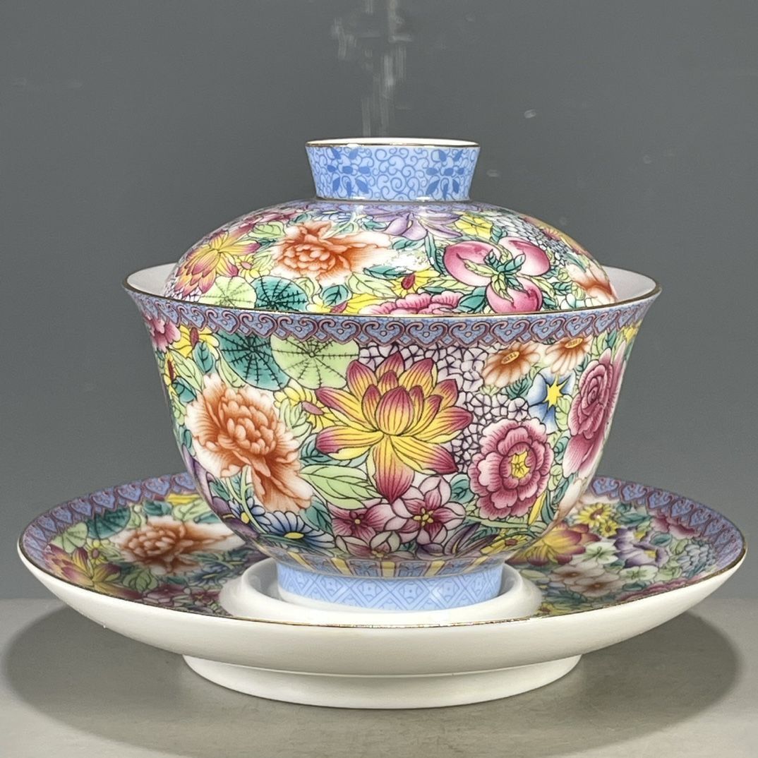 Vintage Collectible Pottery - ชุดกิ๋วอันจีนโบราณ 3 ชิ้น ลายดอกไม้เพ้นท์มือ งานฝีมือตะวันออก ของสะสม