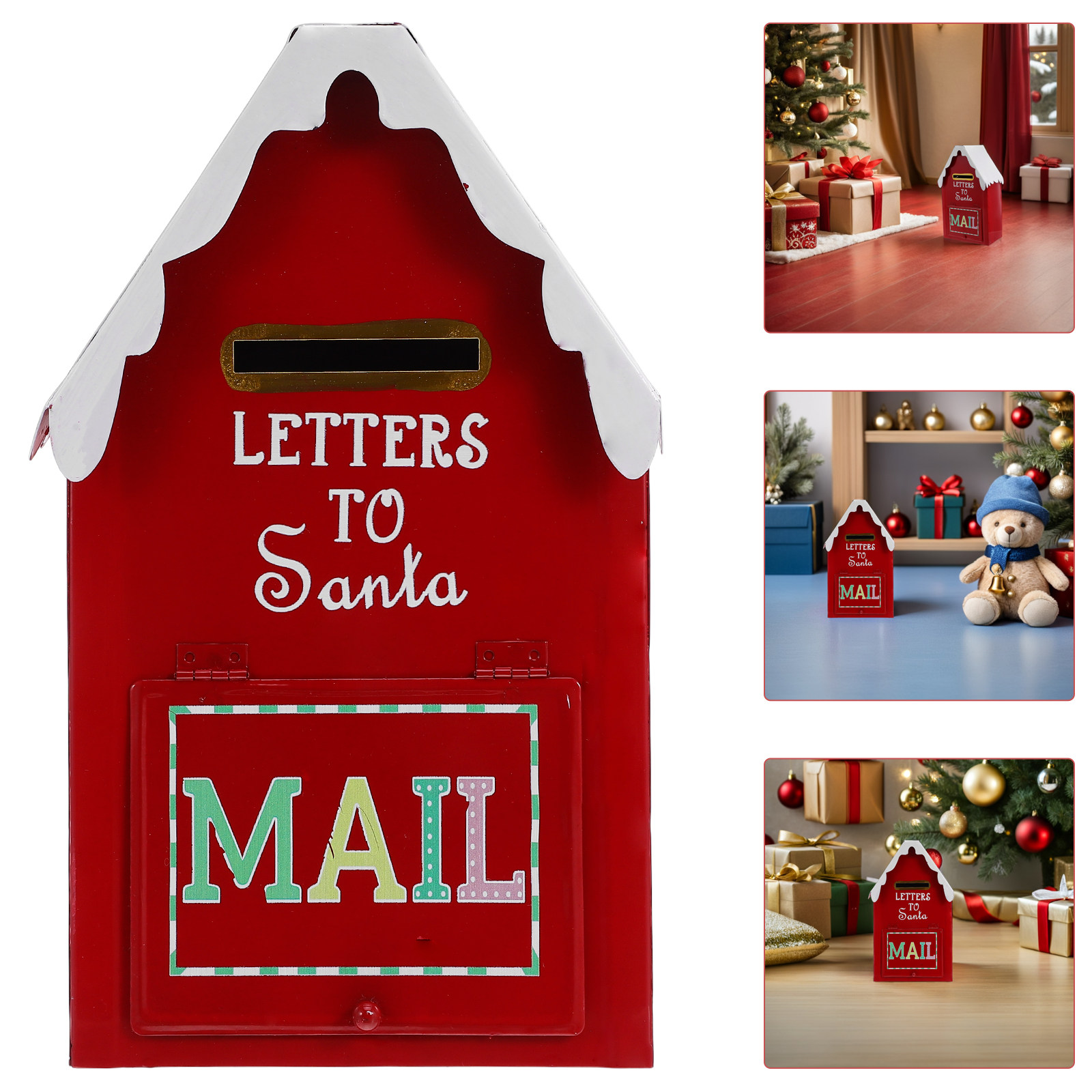 Vintage Collectible Santa - กล่องจดหมายคริสต์มาสสีแดง กล่องจดหมายซานต้าทำจากโลหะ สไตล์วินเทจ ของตกแต่งเทศกาล กล่องรับการ์ด กล่องรับบริจาค