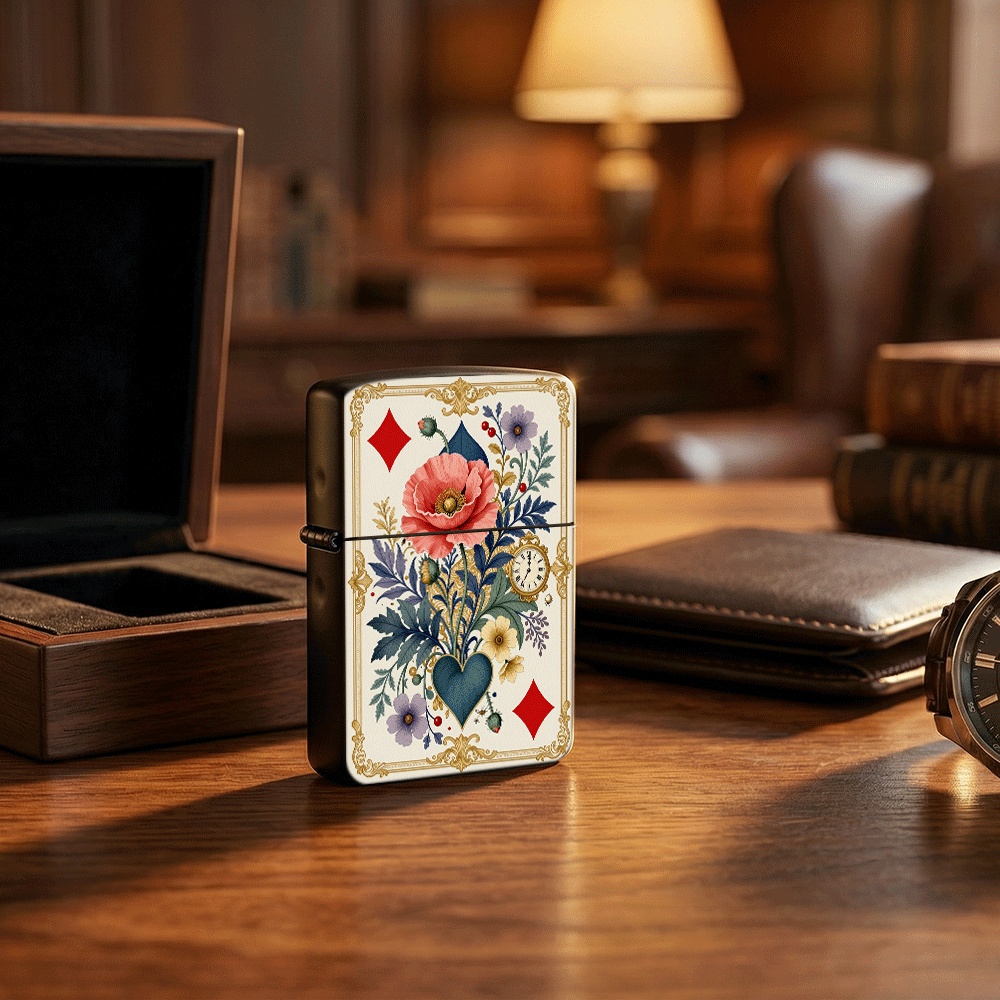 Vintage Collectible Playing Cards - ไฟแช็กแบบฝาพับสไตล์ไพ่ทาโรต์วินเทจ, ลายดอกป๊อปปี้ประดับตกแต่งสวยงาม, ลายพิมพ์ศิลปะไพ่, เหมาะสำหรับสะสมและใช้งานในชีวิตประจำวัน