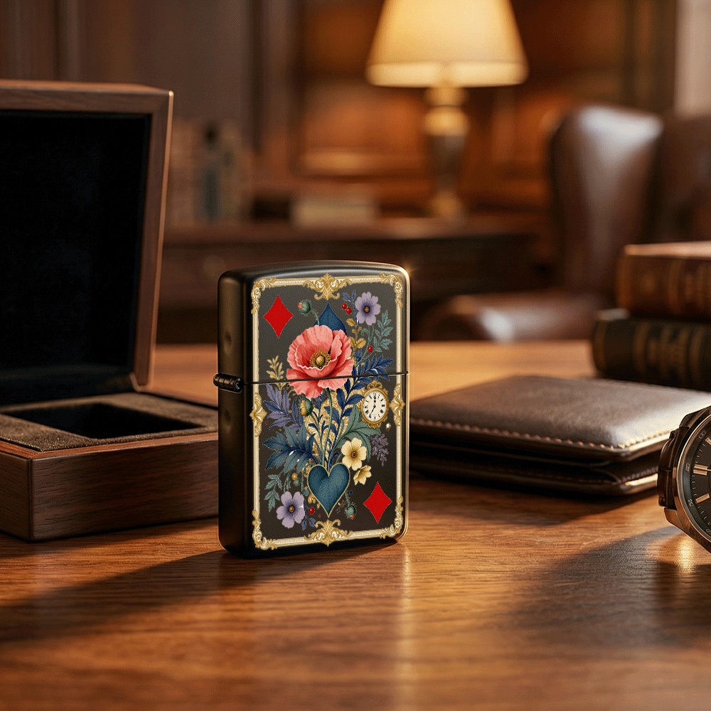 Vintage Collectible Playing Cards - ไฟแช็กแบบฝาพับสไตล์วินเทจลายฉลุ, ลายไพ่และดอกไม้, พร้อมลายพิมพ์ศิลปะนาฬิกาพก, สำหรับสะสมและใช้งานประจำวัน
