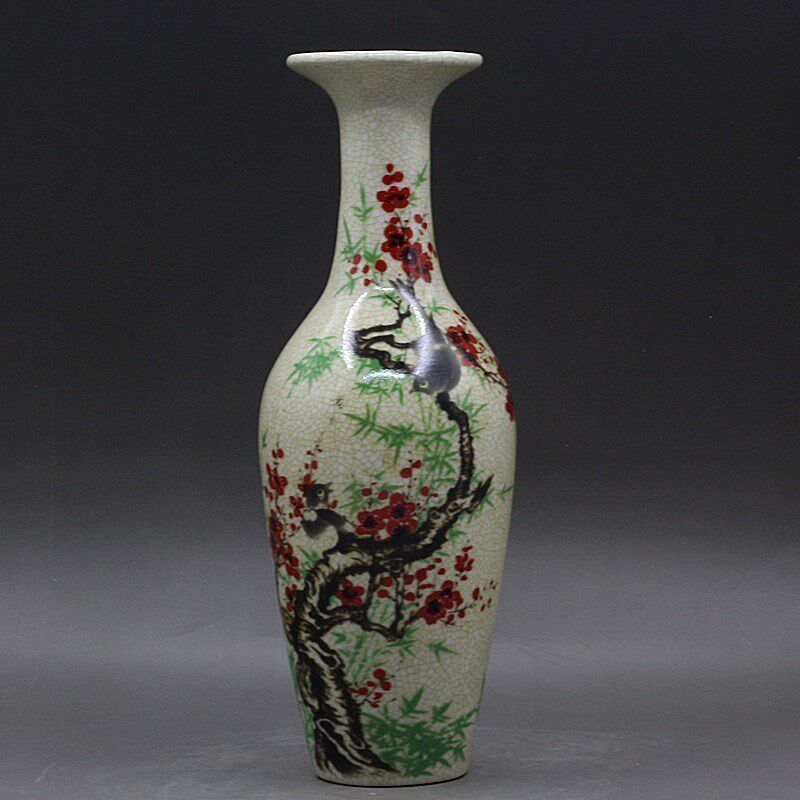 Vintage Collectible Pottery - แจกันเซรามิกโบราณจากเมืองจิ่งเต๋อเจิ้น ลายดอกพลัมใบหลิว ของสะสมวินเทจ ของตกแต่งบ้าน