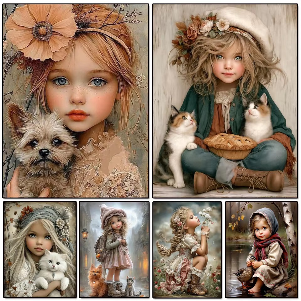 Vintage Cartoon Collectible - ภาพวาดเพชร IY ลายตัวละครชนบทวินเทจพร้อมสัตว์เลี้ยงน่ารัก คอลเลกชันภาพเหมือน เหมาะเป็นของขวัญทำมือสำหรับตกแต่งบ้านในช่วงวันหยุด