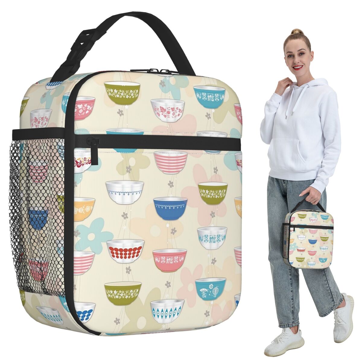 Vintage Collectible Lunch Boxes - กระเป๋าใส่อาหารแบบมีฉนวนกันความร้อนสำหรับผู้หญิง รุ่นวินเทจ ไพเร็กซ์ โบว์ล คอลเลคชั่น กล่องใส่อาหารแบบพกพาสำหรับสำนักงาน