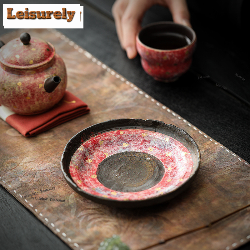 Vintage Collectible Pottery - HOYIHM ที่วางหม้อดินเผาสีแดงทำมือจากหินธรรมชาติ ถาดชาแบบวินเทจสำหรับชงชาแห้ง ของสะสมสำหรับพิธีชงชา