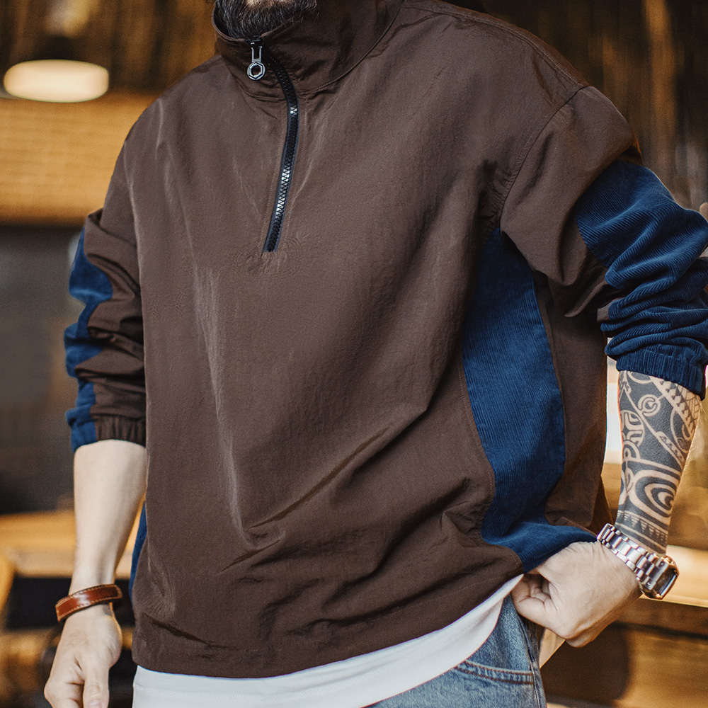 Vintage Zip Hoodie - Maden Vintage Corduroyสีบล็อกครึ่งZipเสื้อแจ็คเก็ตผู้ชายฤดูใบไม้ผลิNotch Lapelกลางแจ้งHoodie Casualอเนกประสงค์Urbancore pullover