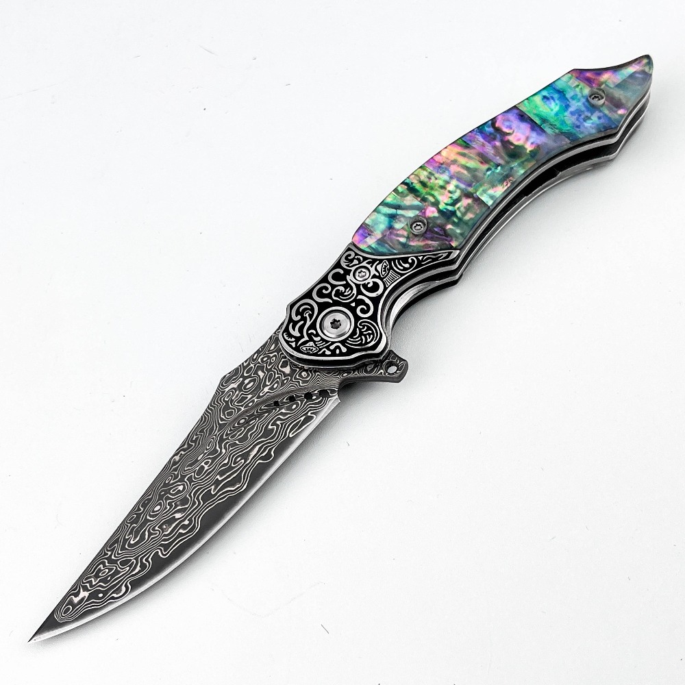 Vintage Collectible Knife - มีดพับลายดามัสกัสแบบวินเทจใหม่ ด้ามเปลือกหอยมุกสีรุ้ง ของสะสม พกพาสะดวก EDC มีดเดินป่า