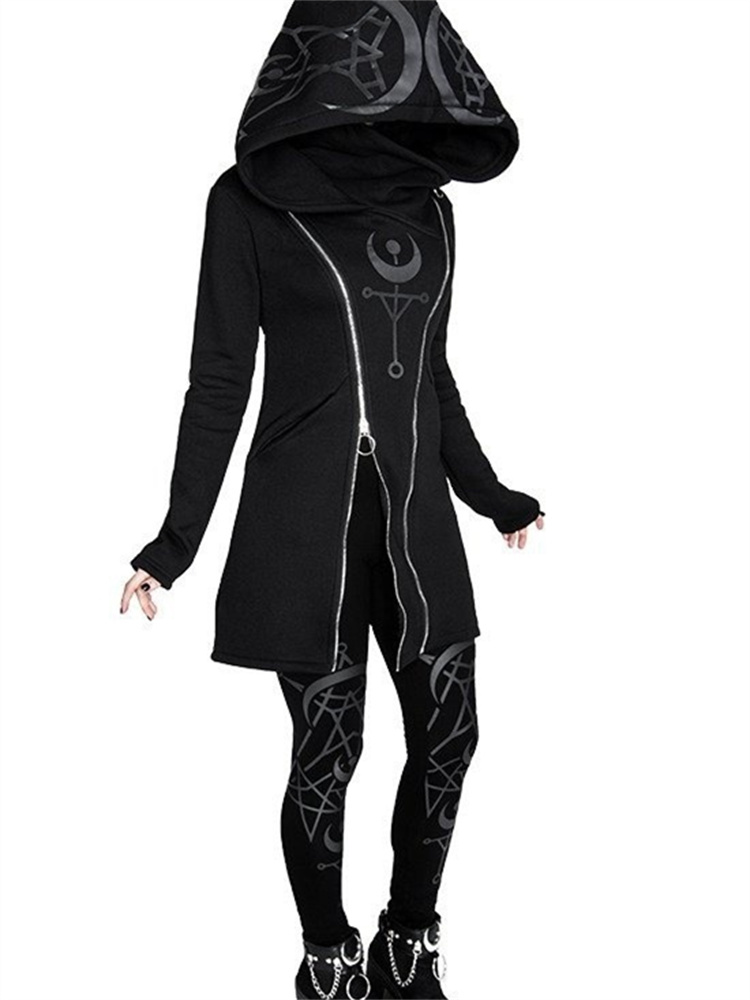 Vintage Zip Hoodie - Gothic Punk พิมพ์เสื้อแขนยาว Harajuku Retro Hooded