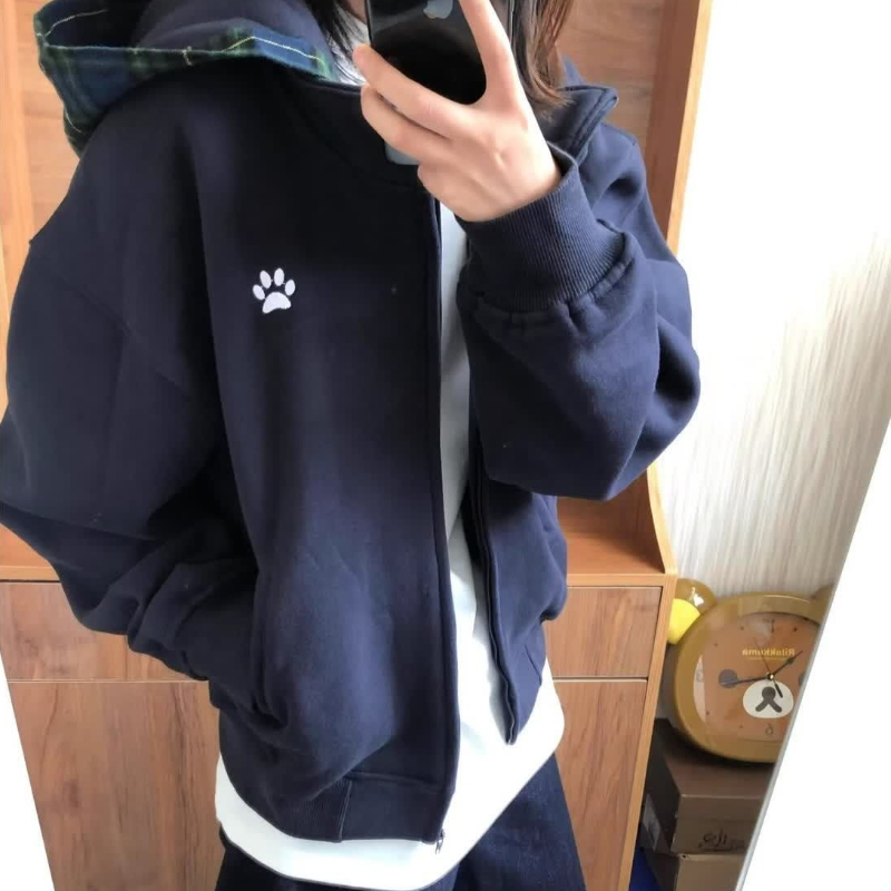 Vintage Zip Hoodie - เสื้อฮู้ดวินเทจสำหรับผู้หญิง ปักลายอุ้งเท้าสุนัข ลายสก็อตแบบปะติดปะต่อ เสื้อฮู้ดคู่รัก สตรีทแวร์ เสื้อแจ็คเก็ตสำหรับฤดูใบไม้ร่วง