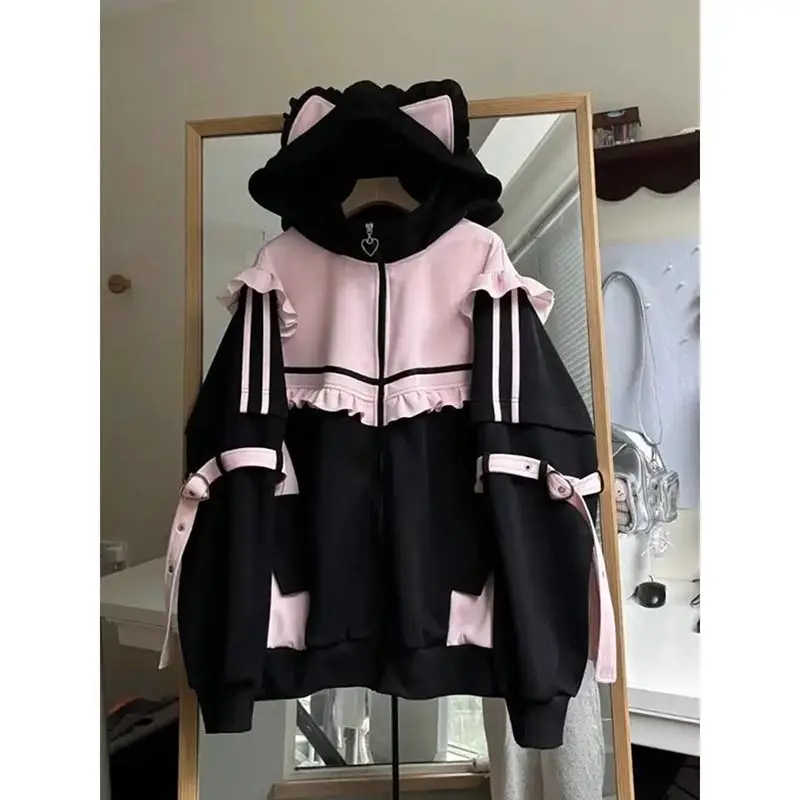 Vintage Zip Hoodie - ฤดูใบไม้ร่วงฤดูหนาวญี่ปุ่นหวาน Y2K เสื้อผ้าผู้หญิง Kawaii Vintage หญิง