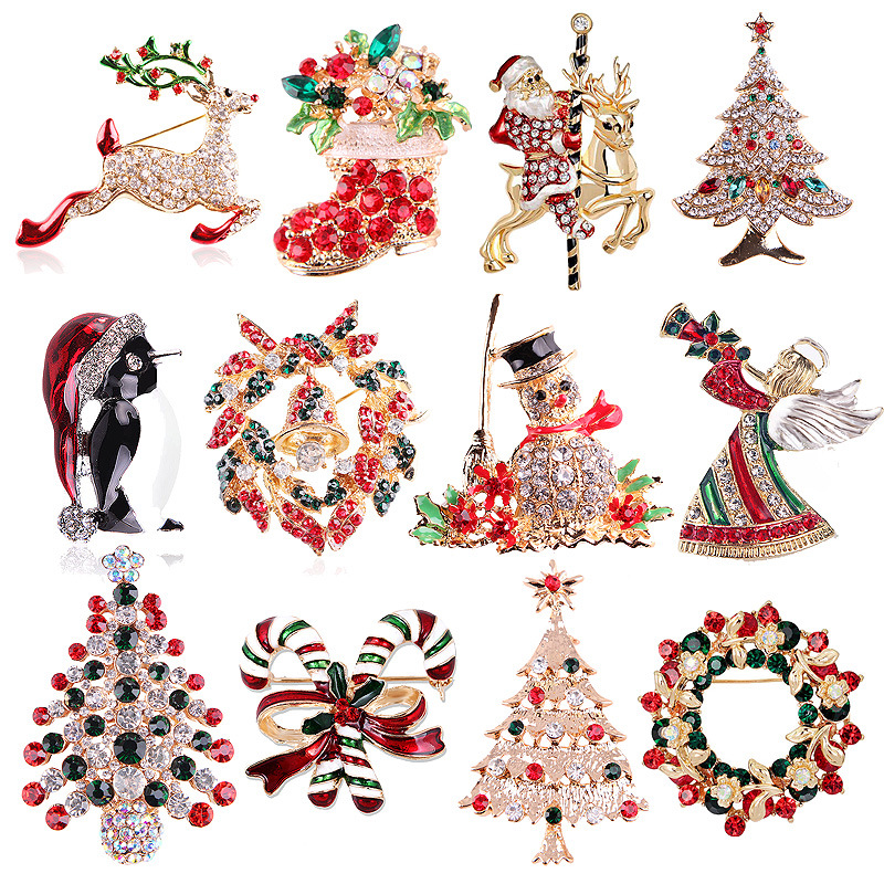 Vintage Collectible Pins - คอลเลกชันเข็มกลัดคริสต์มาสประดับคริสตัลวินเทจ, เข็มกลัดรูปต้นคริสต์มาส กวางเรนเดียร์ ซานตา มนุษย์หิมะ พวงหรีด,