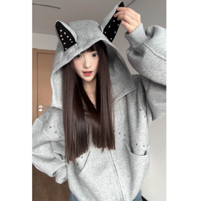 Vintage Zip Hoodie - เสื้อฮู้ดซิปอัพสไตล์วินเทจ Y2K พร้อมหูปีศาจน่ารัก สำหรับผู้หญิง ทรงหลวม มีกระเป๋า