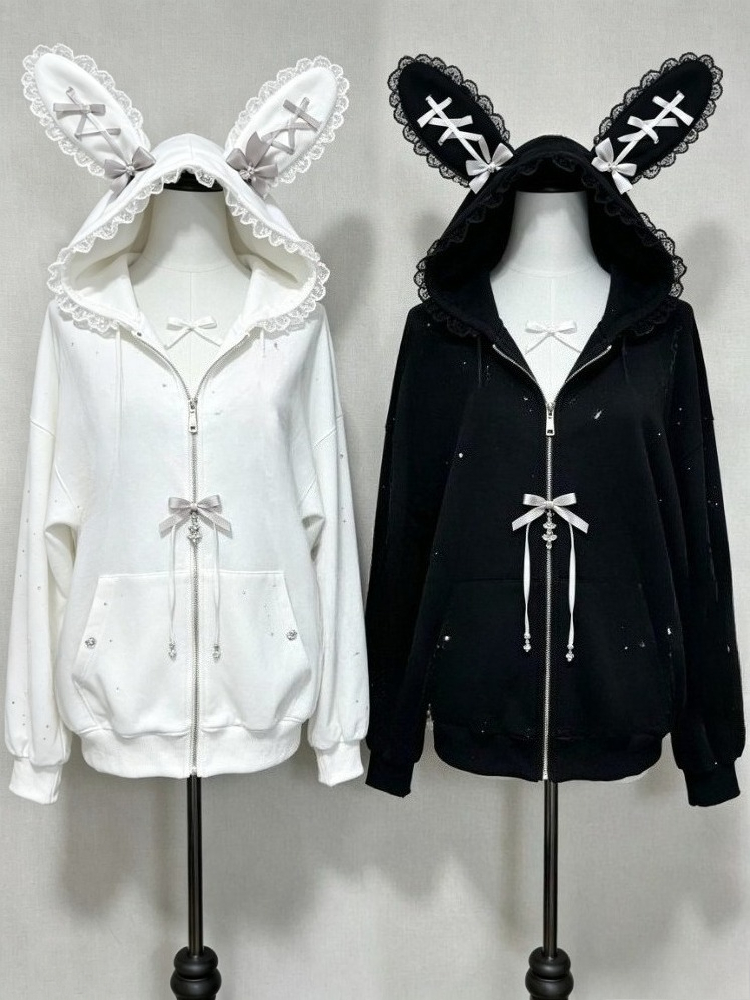 Vintage Zip Hoodie - เสื้อโค้ทโลลิต้าหูกระต่ายน่ารักสำหรับฤดูหนาว เสื้อสเวตเตอร์โอเวอร์ไซส์ลูกไม้ผูกโบว์สไตล์ลำลองสำหรับผู้หญิง เสื้อแจ็คเก็ตมีฮู้ดสไตล์ฮาราจูกุ Y2K