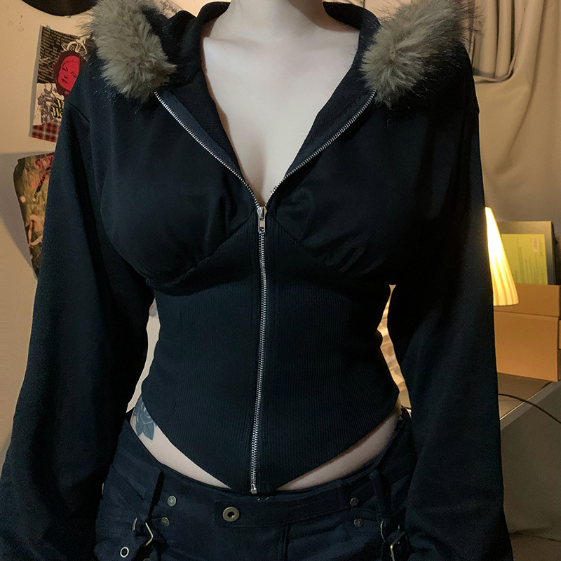 Vintage Zip Hoodie - เสื้อโค้ทมีฮู้ดแต่งขนเฟอร์เทียม สไตล์โกธิคสีเข้ม สำหรับฤดูใบไม้ร่วงและฤดูหนาว ทรงเข้ารูป ซิปหน้า สไตล์ลำลองสำหรับผู้หญิง