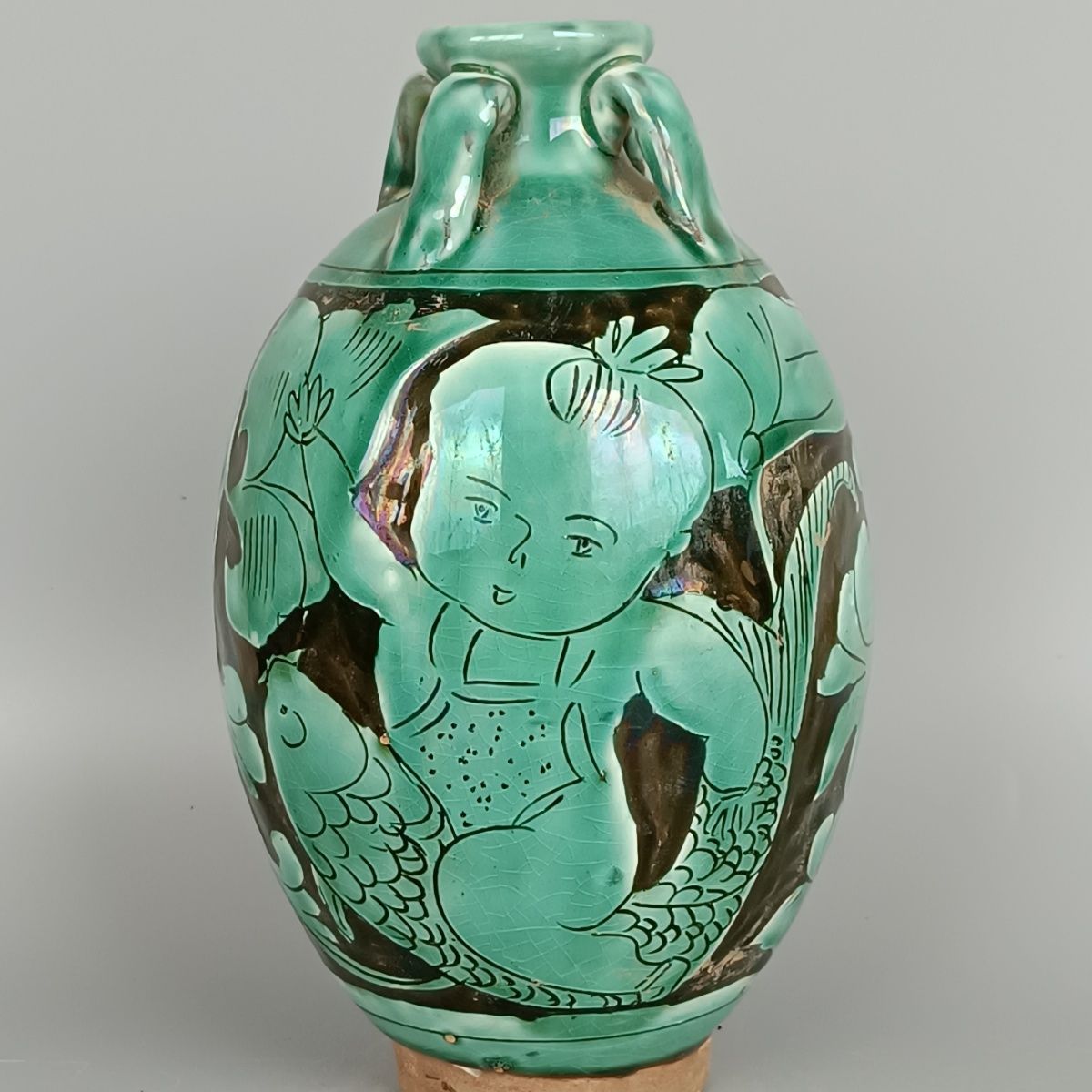 Vintage Collectible Pottery - แจกันโบราณ วินเทจ สมัยราชวงศ์ซ่ง งานเผาจากเตาซีโจว เคลือบสีเขียว ลายเด็กน้อย