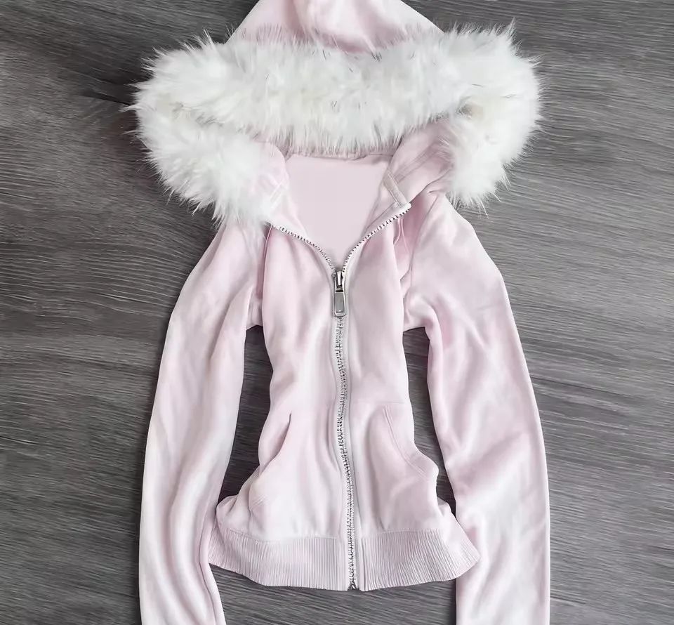 Vintage Zip Hoodie - เสื้อฮู้ดขนเฟอร์สีชมพูสไตล์เรโทรสำหรับผู้หญิง Y2K ฮาราจูกุ แจ็คเก็ตคอขนเฟอร์เทียม แฟชั่นเข้ารูปพร้อมเข็มขัด ชุดกีฬาสไตล์สาวฮอต