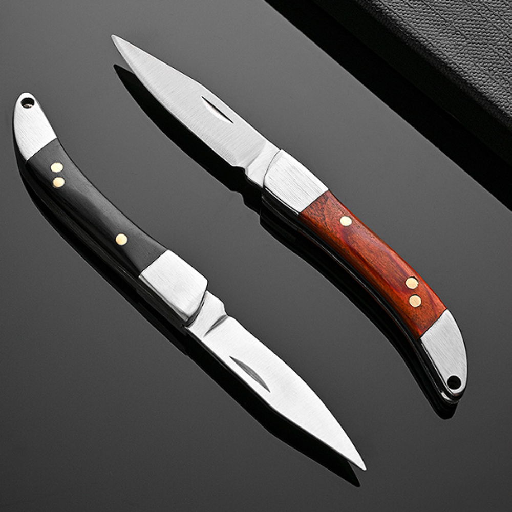 Vintage Collectible Knife - มีดพับด้ามไม้โค้งสไตล์วินเทจ มีสองสีให้เลือก ตกแต่งหมุดทองเหลืองเสริมความแข็งแรง มีดพกพาขนาดเล็ก EDC สำหรับ