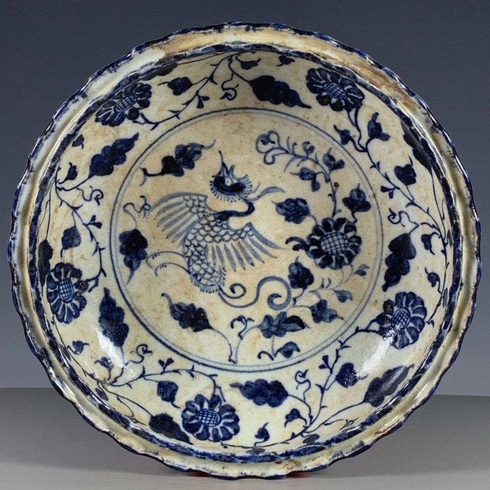 Vintage Collectible Pottery - ถาดพอร์ซเลนจีนโบราณสองชั้น ลายดอกไม้ฟีนิกซ์ สไตล์หมิงชิง ของสะสมตกแต่งเซรามิก