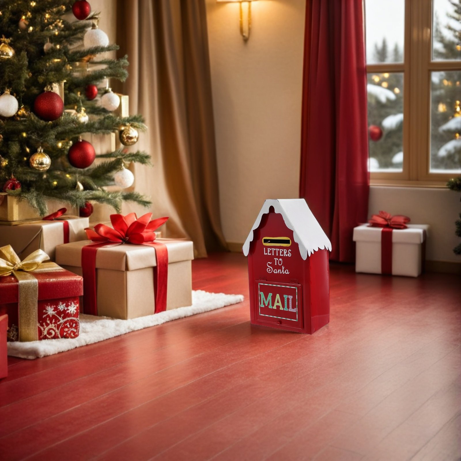 Vintage Collectible Santa - กล่องจดหมายซานต้าคริสต์มาสโลหะสีแดงวินเทจ กล่องจดหมายตกแต่งสำหรับงานปาร์ตี้ที่บ้าน สะสมการ์ด กระปุกออมสิน แขวนผนัง