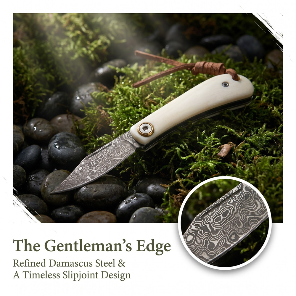 Vintage Collectible Knife - มีดพับวินเทจลายดามัสกัส ด้ามทำจากกระดูกงาช้าง ขนาดกะทัดรัด เหมาะสำหรับการเอาตัวรอด การตั้งแคมป์ การล่าสัตว์