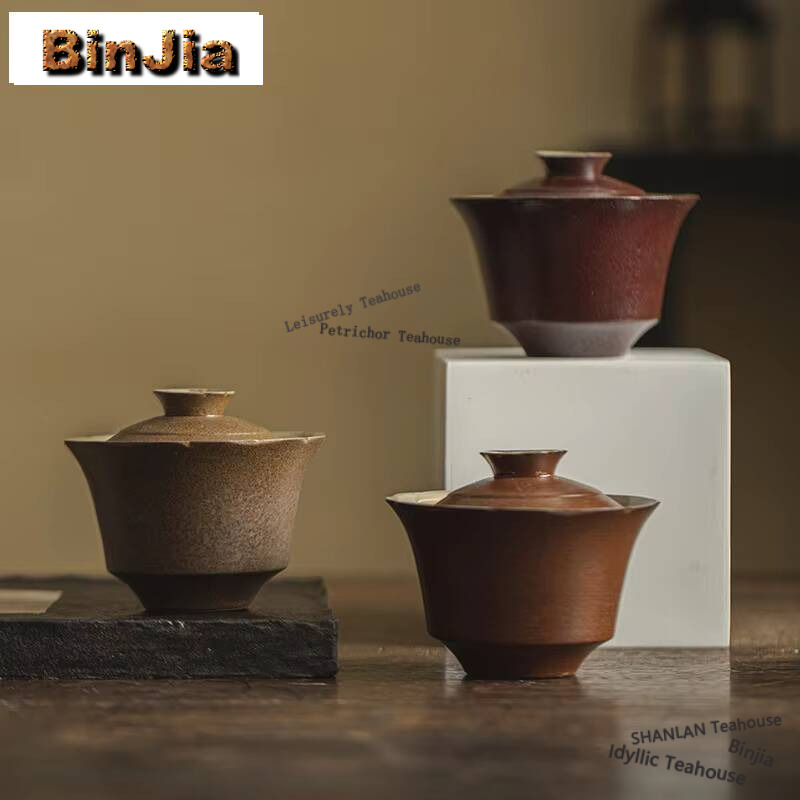 Vintage Collectible Pottery - ฝาปิดถ้วยเครื่องปั้นดินเผาแบบหยาบทำด้วยมือขนาด140มล. สไตล์ญี่ปุ่นแบบปากต่อปากชุดชงชาโบราณมีถ้วยชาชงแบบโบราณ Zisha ของขวัญคอลเลกชัน